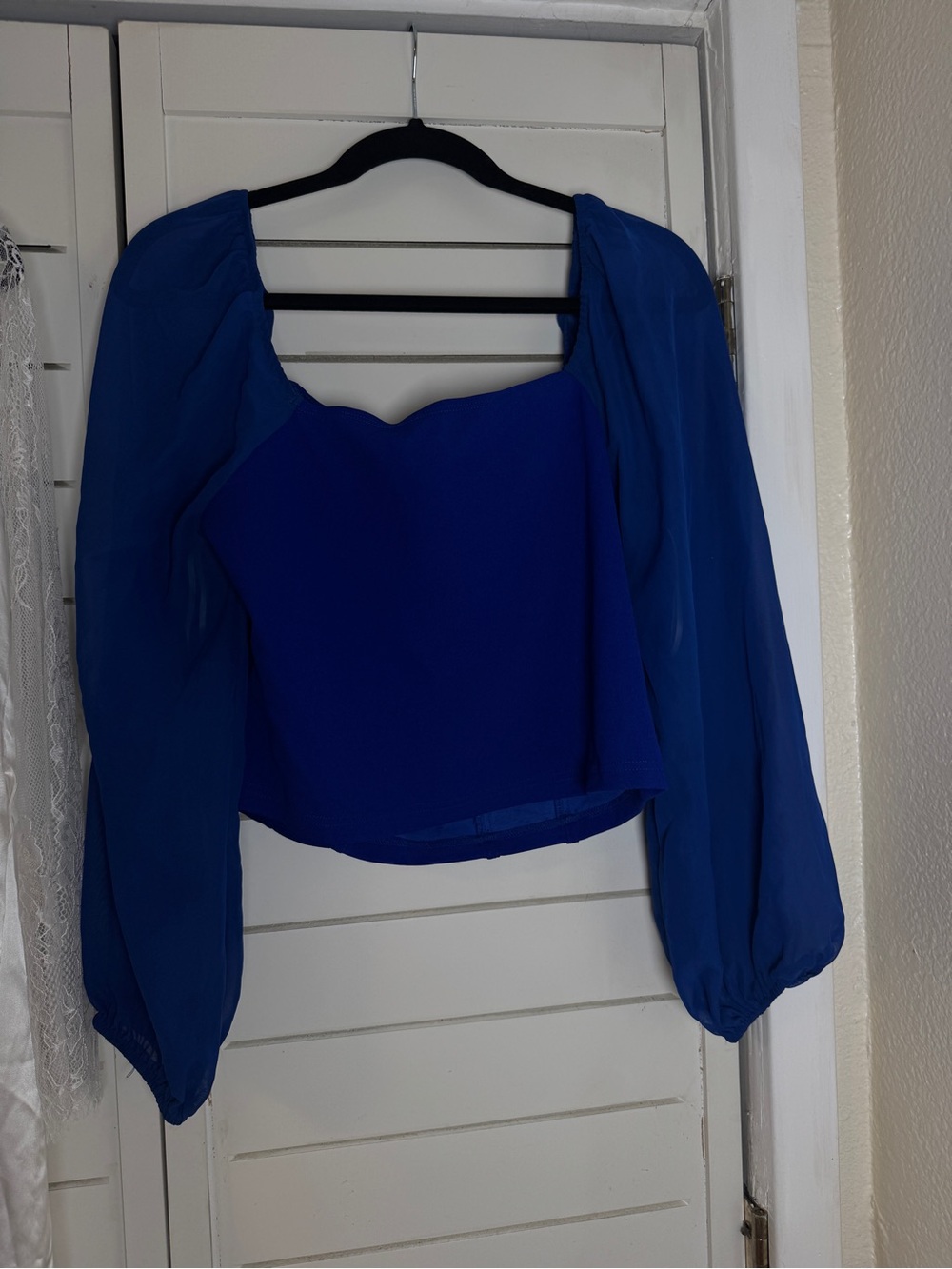 Blue Puff-Sleeve Square Neck Women's Top